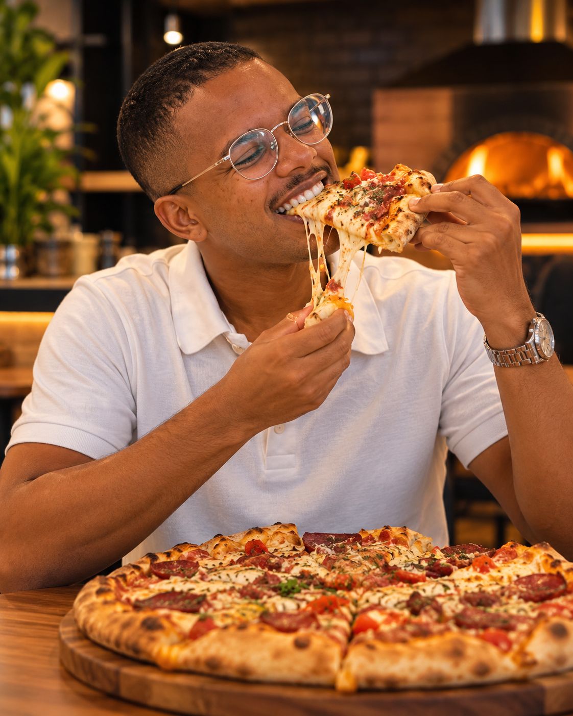 Cliente mordendo uma fatia de pizza com queijo puxando
